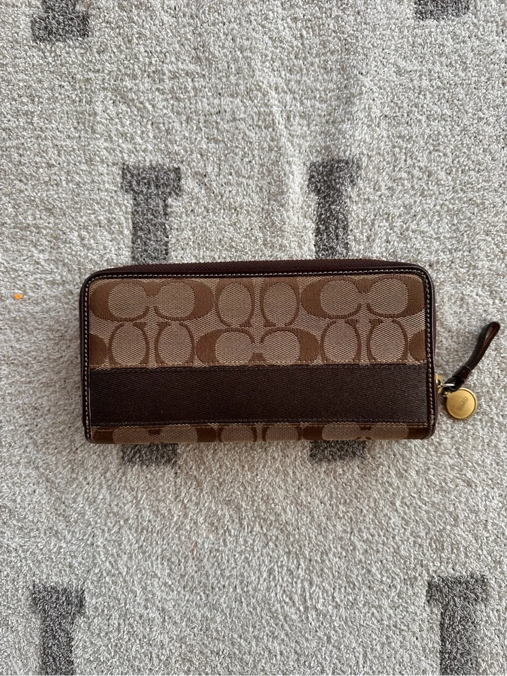 Coach Brown Signature Zip-Around Wallet with Dark Brown Stripe